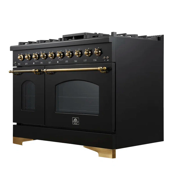 FORNO Espresso Antico 48" 5.5 cu. ft. Dual Fuel Range with 8 Sealed Burners and Griddle in Black with Antique Brass Accents, FFSGS6113-48BLK