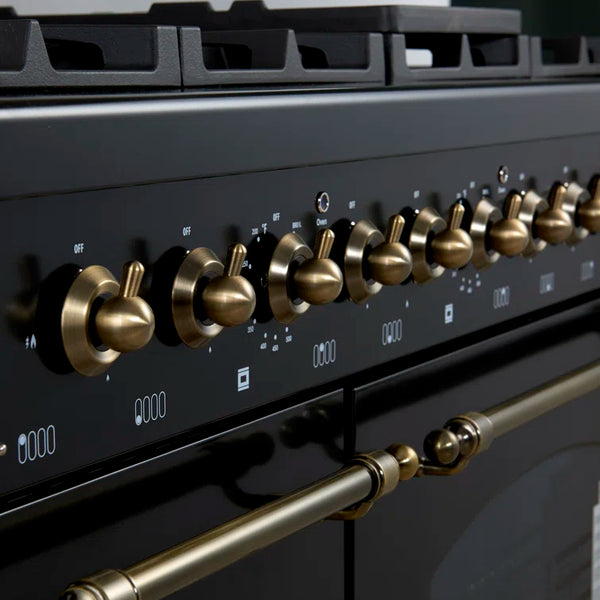 FORNO Espresso Antico 48" 5.5 cu. ft. Dual Fuel Range with 8 Sealed Burners and Griddle in Black with Antique Brass Accents, FFSGS6113-48BLK