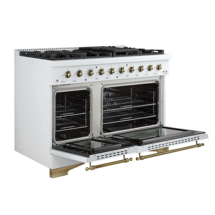 FORNO Espresso Antico 48" 5.5 cu. ft. Dual Fuel Range with 8 Sealed Burners and Griddle in White with Antique Brass Accents, FFSGS6113-48WHT