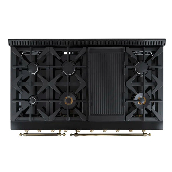 FORNO Espresso Antico 48" 5.5 cu. ft. Dual Fuel Range with 8 Sealed Burners and Griddle in Black with Antique Brass Accents, FFSGS6113-48BLK