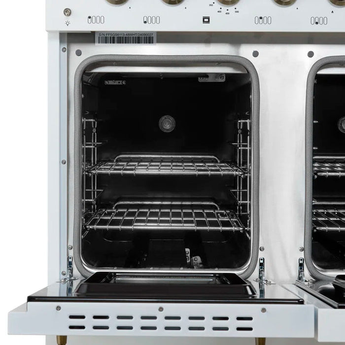 FORNO Espresso Antico 48" 5.5 cu. ft. Dual Fuel Range with 8 Sealed Burners and Griddle in White with Antique Brass Accents, FFSGS6113-48WHT