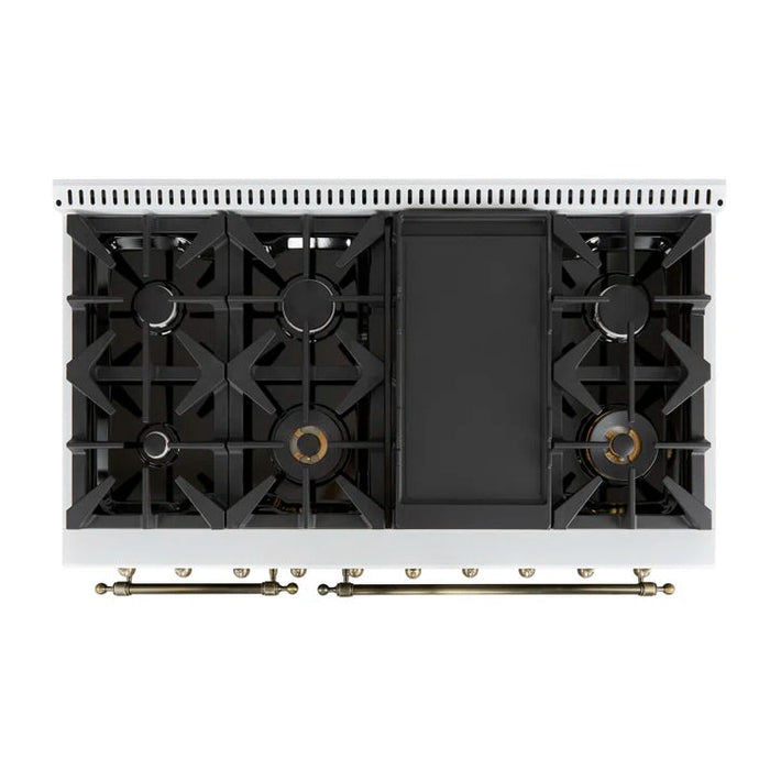 FORNO Espresso Antico 48" 5.5 cu. ft. Dual Fuel Range with 8 Sealed Burners and Griddle in White with Antique Brass Accents, FFSGS6113-48WHT