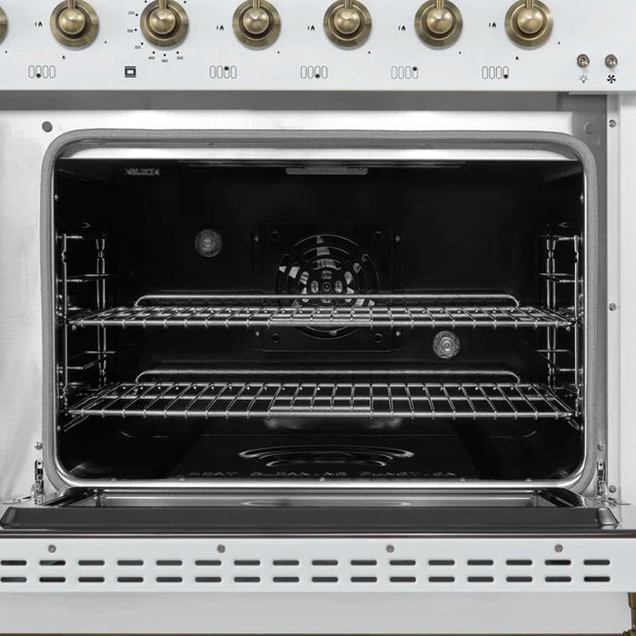 FORNO Espresso Antico 48" 5.5 cu. ft. Dual Fuel Range with 8 Sealed Burners and Griddle in White with Antique Brass Accents, FFSGS6113-48WHT