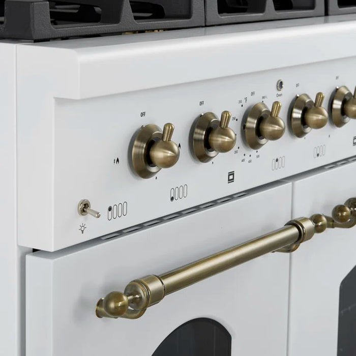 FORNO Espresso Antico 48" 5.5 cu. ft. Dual Fuel Range with 8 Sealed Burners and Griddle in White with Antique Brass Accents, FFSGS6113-48WHT