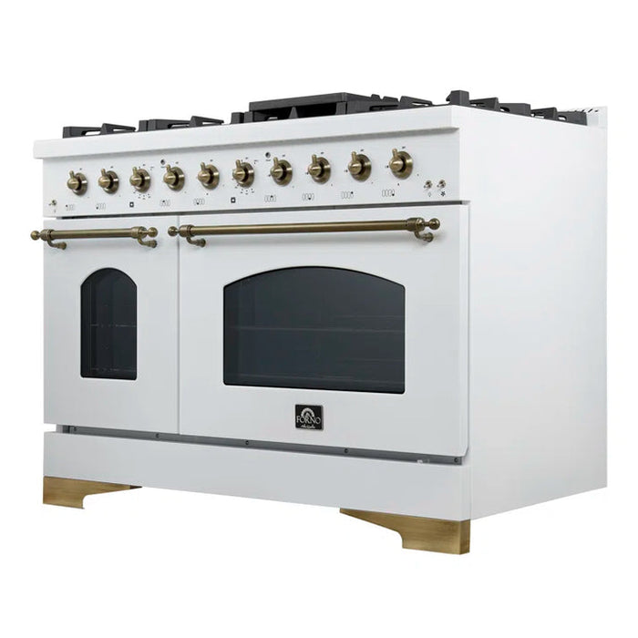 FORNO Espresso Antico 48" 5.5 cu. ft. Dual Fuel Range with 8 Sealed Burners and Griddle in White with Antique Brass Accents, FFSGS6113-48WHT