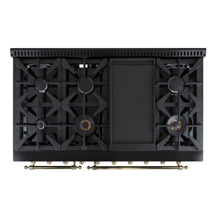 FORNO Antico 48" 5.5 cu. ft. Gas Range with 8 Sealed Burners and Griddle in Black with Antique Brass Accents- FFSGS6219-48BLK