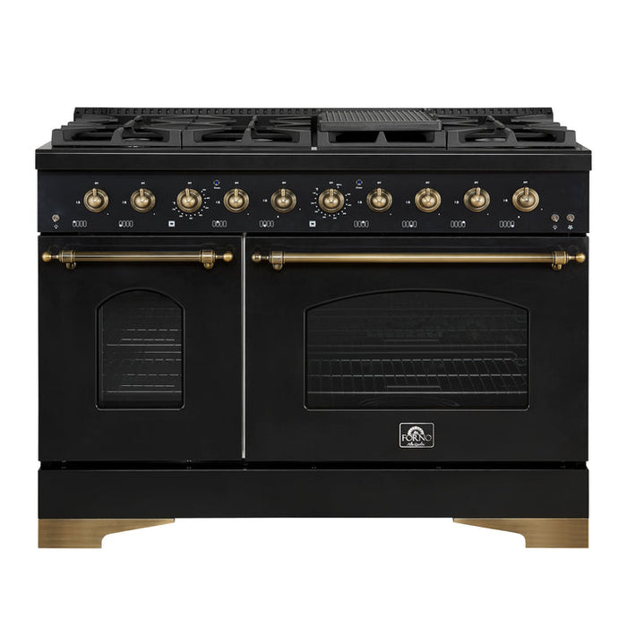 FORNO Antico 48" 5.5 cu. ft. Gas Range with 8 Sealed Burners and Griddle in Black with Antique Brass Accents- FFSGS6219-48BLK