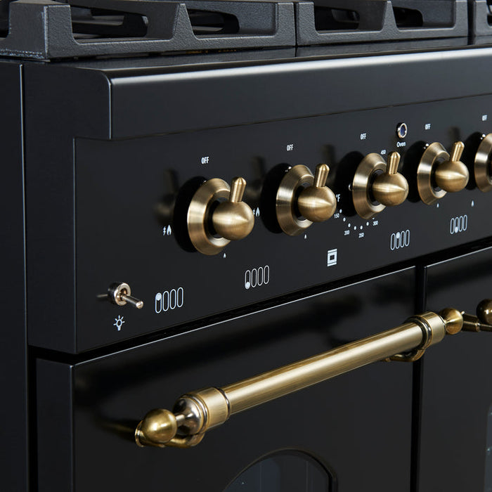 FORNO Antico 48" 5.5 cu. ft. Gas Range with 8 Sealed Burners and Griddle in Black with Antique Brass Accents- FFSGS6219-48BLK