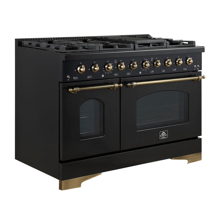 FORNO Antico 48" 5.5 cu. ft. Gas Range with 8 Sealed Burners and Griddle in Black with Antique Brass Accents- FFSGS6219-48BLK