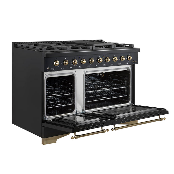 FORNO Antico 48" 5.5 cu. ft. Gas Range with 8 Sealed Burners and Griddle in Black with Antique Brass Accents- FFSGS6219-48BLK