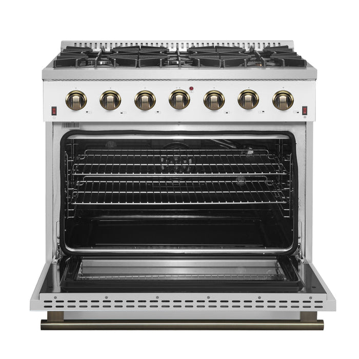 FORNO Galiano 36" 5.36 cu. ft. Gas Range with 6 Sealed Burners in White with Antique Brass Accents- FFSGS6244-36WHT