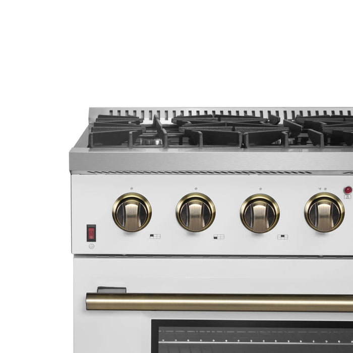 FORNO Galiano 36" 5.36 cu. ft. Gas Range with 6 Sealed Burners in White with Antique Brass Accents- FFSGS6244-36WHT