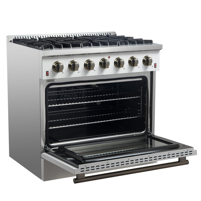 FORNO Galiano 36" 5.36 cu. ft. Gas Range with 6 Sealed Burners in White with Antique Brass Accents- FFSGS6244-36WHT