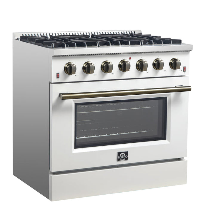 FORNO Galiano 36" 5.36 cu. ft. Gas Range with 6 Sealed Burners in White with Antique Brass Accents- FFSGS6244-36WHT