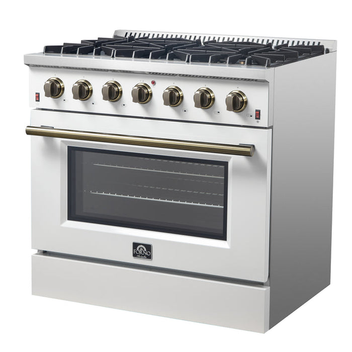 FORNO Galiano 36" 5.36 cu. ft. Gas Range with 6 Sealed Burners in White with Antique Brass Accents- FFSGS6244-36WHT