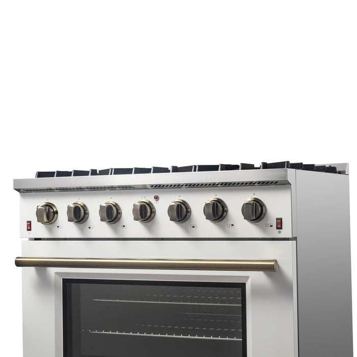 FORNO Galiano 36" 5.36 cu. ft. Gas Range with 6 Sealed Burners in White with Antique Brass Accents- FFSGS6244-36WHT