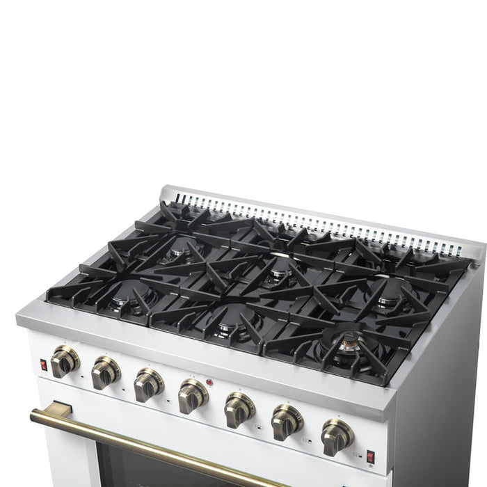 FORNO Galiano 36" 5.36 cu. ft. Gas Range with 6 Sealed Burners in White with Antique Brass Accents- FFSGS6244-36WHT