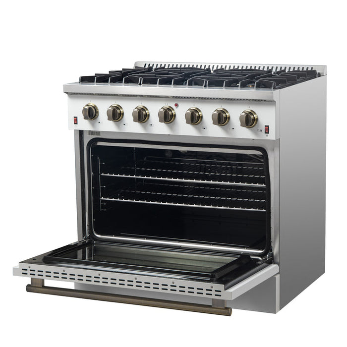 FORNO Galiano 36" 5.36 cu. ft. Gas Range with 6 Sealed Burners in White with Antique Brass Accents- FFSGS6244-36WHT