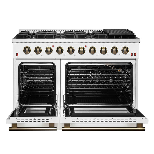 FORNO Galiano 48" 6.58 cu. ft. Gas Range with 8 Sealed Burners and Griddle in White with Antique Brass Accents, FFSGS6244-48WHT