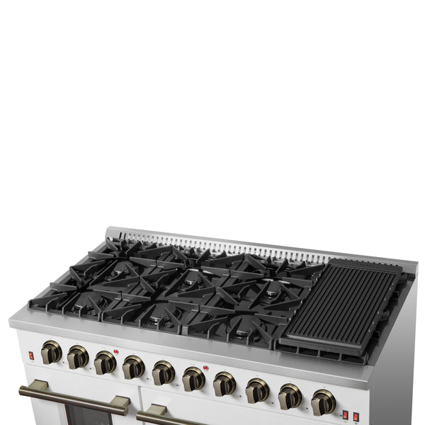 FORNO Galiano 48" 6.58 cu. ft. Gas Range with 8 Sealed Burners and Griddle in White with Antique Brass Accents, FFSGS6244-48WHT