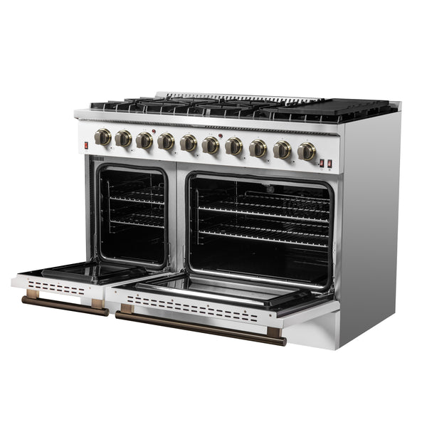 FORNO Galiano 48" 6.58 cu. ft. Gas Range with 8 Sealed Burners and Griddle in White with Antique Brass Accents, FFSGS6244-48WHT
