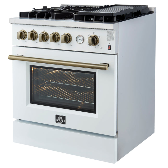 FORNO Giovanni 30" 4.32 cu. ft. Gas Range with 5 Burners, Air Fry Basket, Wok Support and Griddle in White with Antique Brass Accents- FFSGS6274-30WHT