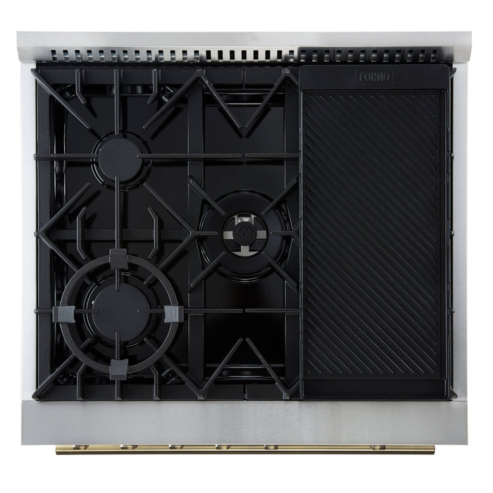 FORNO Giovanni 30" 4.32 cu. ft. Gas Range with 5 Burners, Air Fry Basket, Wok Support and Griddle in White with Antique Brass Accents- FFSGS6274-30WHT