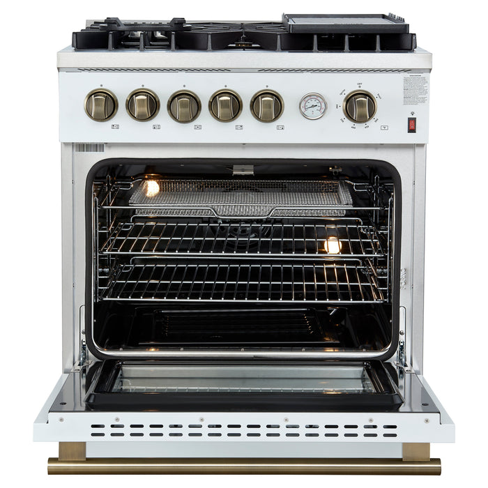 FORNO Giovanni 30" 4.32 cu. ft. Gas Range with 5 Burners, Air Fry Basket, Wok Support and Griddle in White with Antique Brass Accents- FFSGS6274-30WHT
