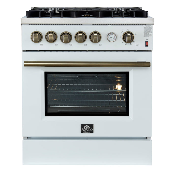 FORNO Giovanni 30" 4.32 cu. ft. Gas Range with 5 Burners, Air Fry Basket, Wok Support and Griddle in White with Antique Brass Accents- FFSGS6274-30WHT