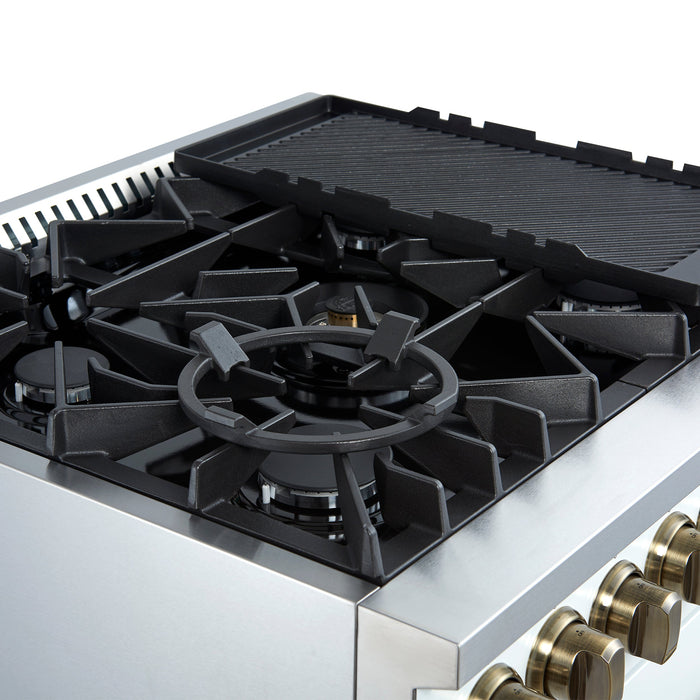 FORNO Giovanni 30" 4.32 cu. ft. Gas Range with 5 Burners, Air Fry Basket, Wok Support and Griddle in White with Antique Brass Accents- FFSGS6274-30WHT