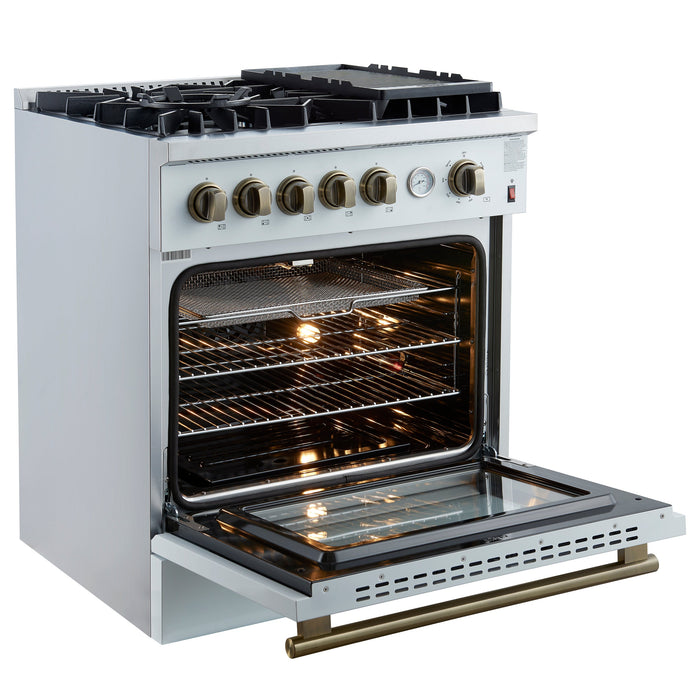 FORNO Giovanni 30" 4.32 cu. ft. Gas Range with 5 Burners, Air Fry Basket, Wok Support and Griddle in White with Antique Brass Accents- FFSGS6274-30WHT