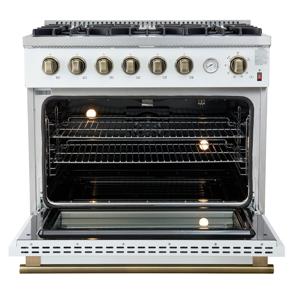 FORNO Marco 36" 5.36 cu.ft. Gas Range with 6 Burners and Temperature Gauge in White with Antique Brass Accents- FFSGS6277-36WHT