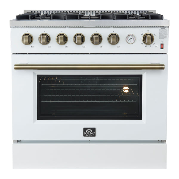 FORNO Marco 36" 5.36 cu.ft. Gas Range with 6 Burners and Temperature Gauge in White with Antique Brass Accents- FFSGS6277-36WHT