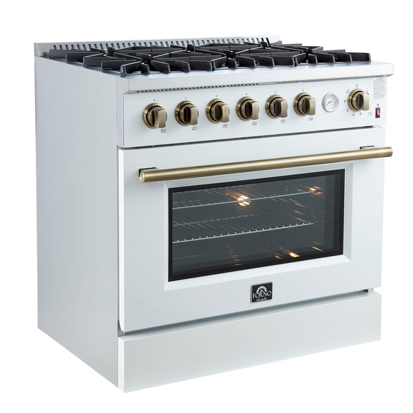 FORNO Marco 36" 5.36 cu.ft. Gas Range with 6 Burners and Temperature Gauge in White with Antique Brass Accents- FFSGS6277-36WHT