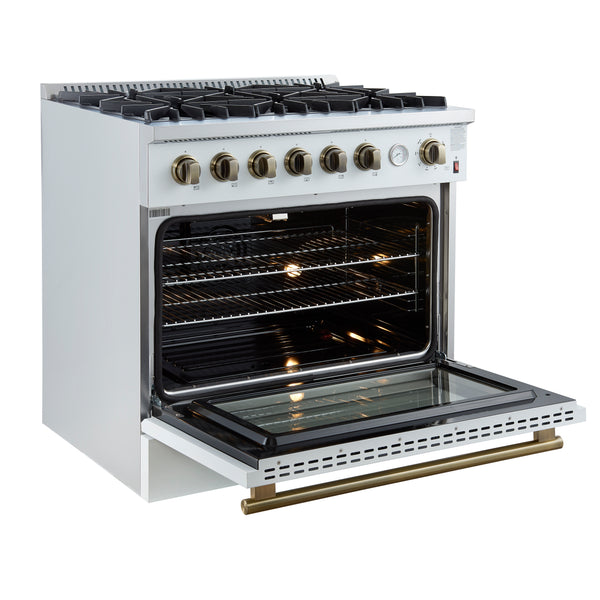 FORNO Marco 36" 5.36 cu.ft. Gas Range with 6 Burners and Temperature Gauge in White with Antique Brass Accents- FFSGS6277-36WHT