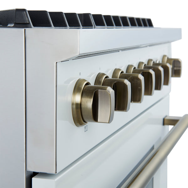 FORNO Marco 36" 5.36 cu.ft. Gas Range with 6 Burners and Temperature Gauge in White with Antique Brass Accents- FFSGS6277-36WHT
