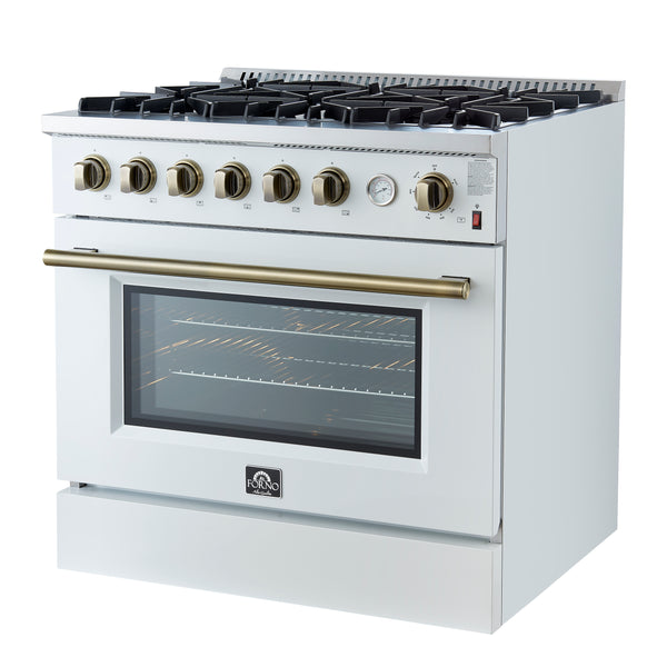 FORNO Marco 36" 5.36 cu.ft. Gas Range with 6 Burners and Temperature Gauge in White with Antique Brass Accents- FFSGS6277-36WHT