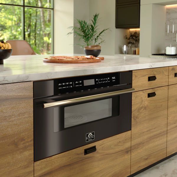 FORNO Espresso Capoliveri 30" 1.2 cu. ft. Built-In Microwave Drawer in Black with Antique Brass Handles- FMWDR3000-30BLK