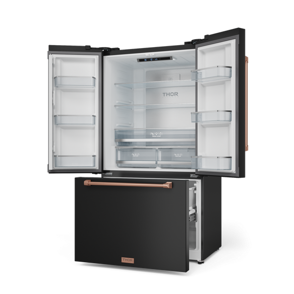 Gordon Ramsay by THOR Kitchen 36" 20.3 cu. ft. French Door Counter Depth Refrigerator with Ice Maker in Matte Black with Rose Gold Accents, RF3621CTD00-RSG