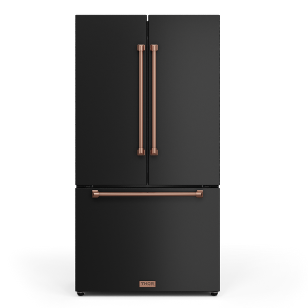 Gordon Ramsay by THOR Kitchen 36" 20.3 cu. ft. French Door Counter Depth Refrigerator with Ice Maker in Matte Black with Rose Gold Accents, RF3621CTD00-RSG
