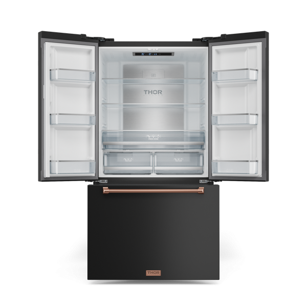 Gordon Ramsay by THOR Kitchen 36" 20.3 cu. ft. French Door Counter Depth Refrigerator with Ice Maker in Matte Black with Rose Gold Accents, RF3621CTD00-RSG