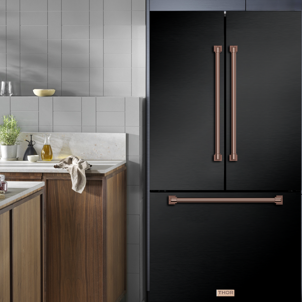 Gordon Ramsay by THOR Kitchen 36" 20.3 cu. ft. French Door Counter Depth Refrigerator with Ice Maker in Matte Black with Rose Gold Accents, RF3621CTD00-RSG