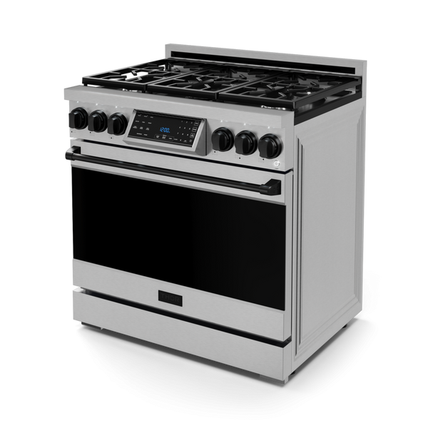Gordon Ramsay by THOR Kitchen 36" 6.0 cu. ft. Professional Natural Gas Range with Tilt Panel Touch Control, Self-Clean and Air Fry in Stainless Steel with Black Accents, RSG36-BLK