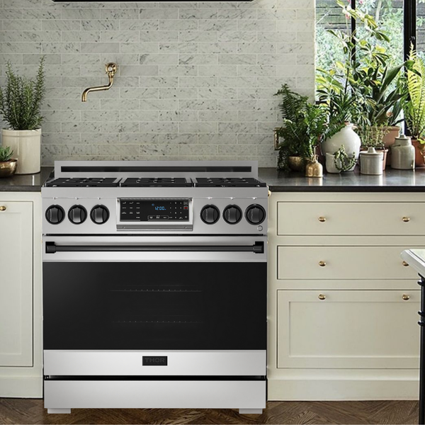 Gordon Ramsay by THOR Kitchen 36" 6.0 cu. ft. Professional Natural Gas Range with Tilt Panel Touch Control, Self-Clean and Air Fry in Stainless Steel with Black Accents, RSG36-BLK