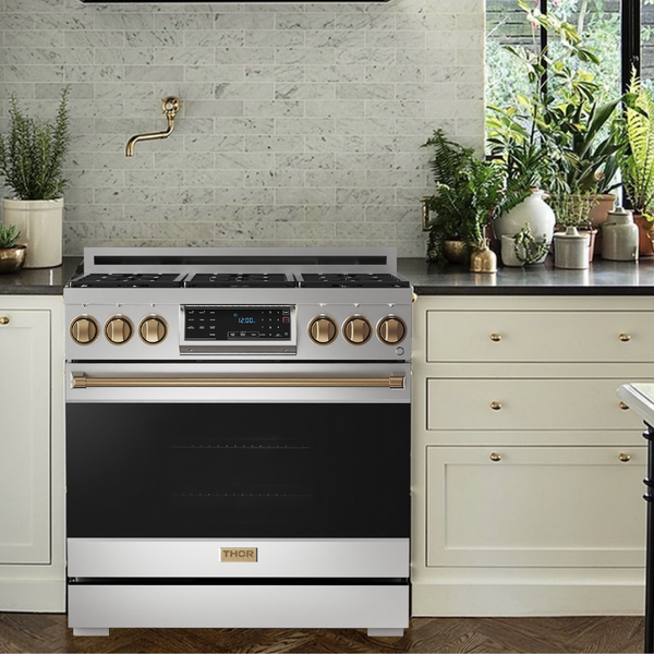 Gordon Ramsay by THOR Kitchen 36" 6.0 cu. ft. Professional Natural Gas Range with Tilt Panel Touch Control, Self-Clean and Air Fry in Stainless Steel with Bronze Accents- RSG36-BRZ