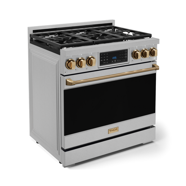 Gordon Ramsay by THOR Kitchen 36" 6.0 cu. ft. Professional Natural Gas Range with Tilt Panel Touch Control, Self-Clean and Air Fry in Stainless Steel with Bronze Accents- RSG36-BRZ
