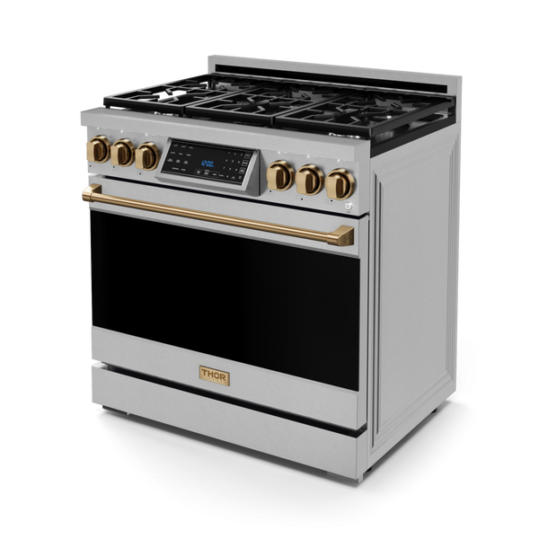 Gordon Ramsay by THOR Kitchen 36" 6.0 cu. ft. Professional Natural Gas Range with Tilt Panel Touch Control, Self-Clean and Air Fry in Stainless Steel with Bronze Accents- RSG36-BRZ