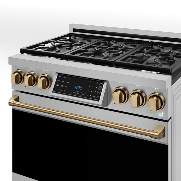 Gordon Ramsay by THOR Kitchen 36" 6.0 cu. ft. Professional Natural Gas Range with Tilt Panel Touch Control, Self-Clean and Air Fry in Stainless Steel with Bronze Accents- RSG36-BRZ
