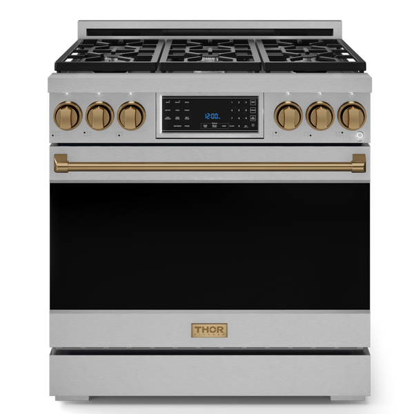 Gordon Ramsay by THOR Kitchen 36" 6.0 cu. ft. Professional Natural Gas Range with Tilt Panel Touch Control, Self-Clean and Air Fry in Stainless Steel with Bronze Accents- RSG36-BRZ