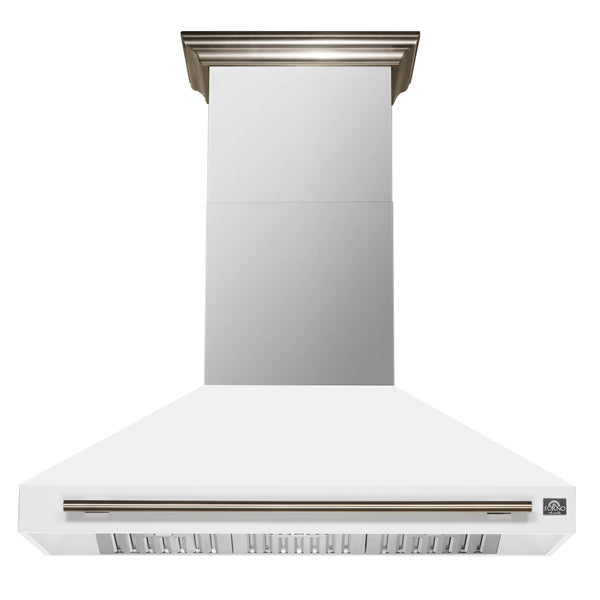 FORNO Aria 48" 1200 CFM Convertible Wall Mount Range Hood with White Hood and Antique Brass Accents, FRHWM5095-48WHT